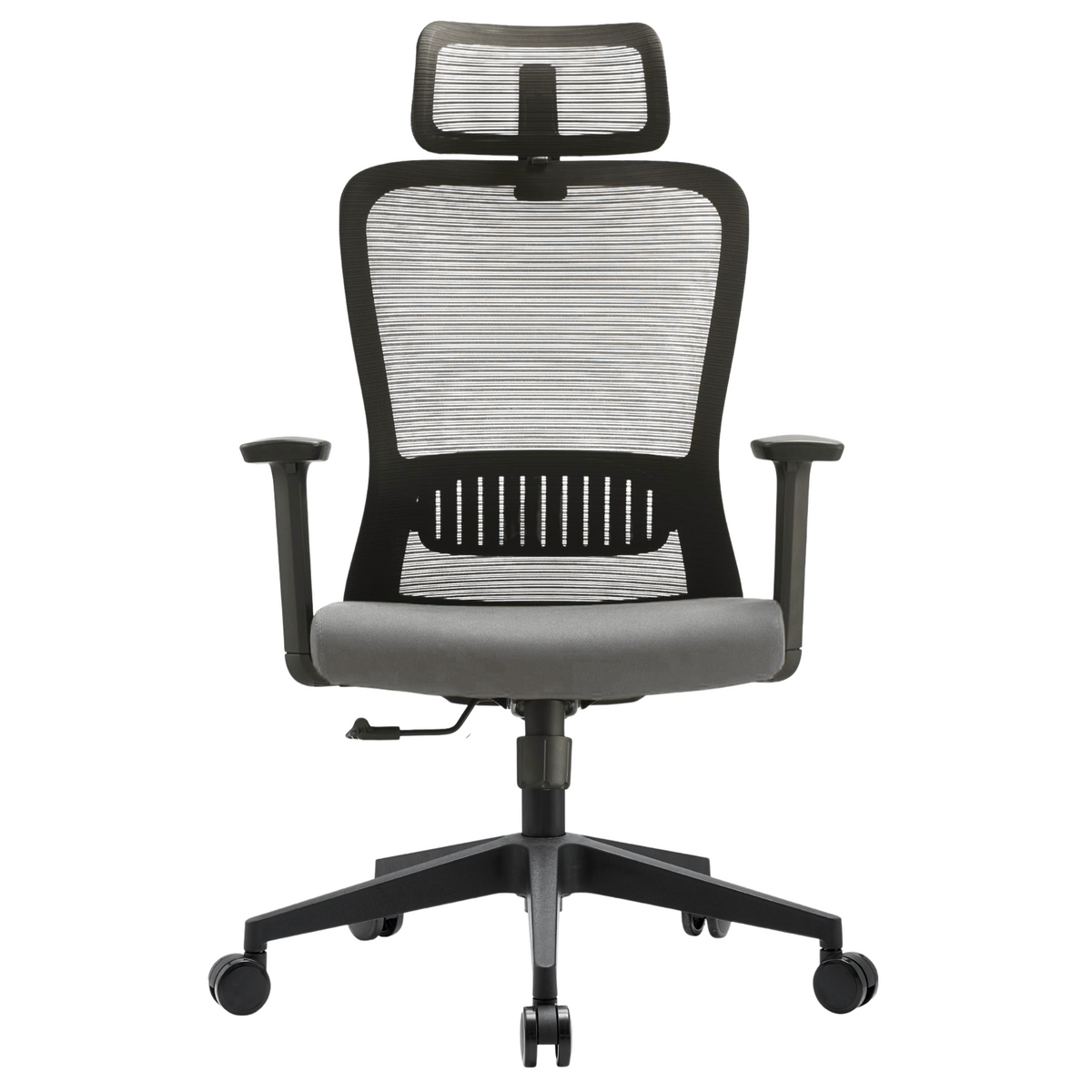 Silla Fent Alta OffiMobile — asiento gris, base negra, vista frontal.