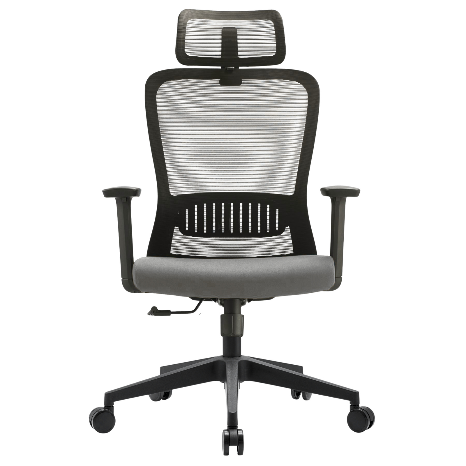 Silla Fent Alta OffiMobile — asiento gris, base negra, vista frontal.