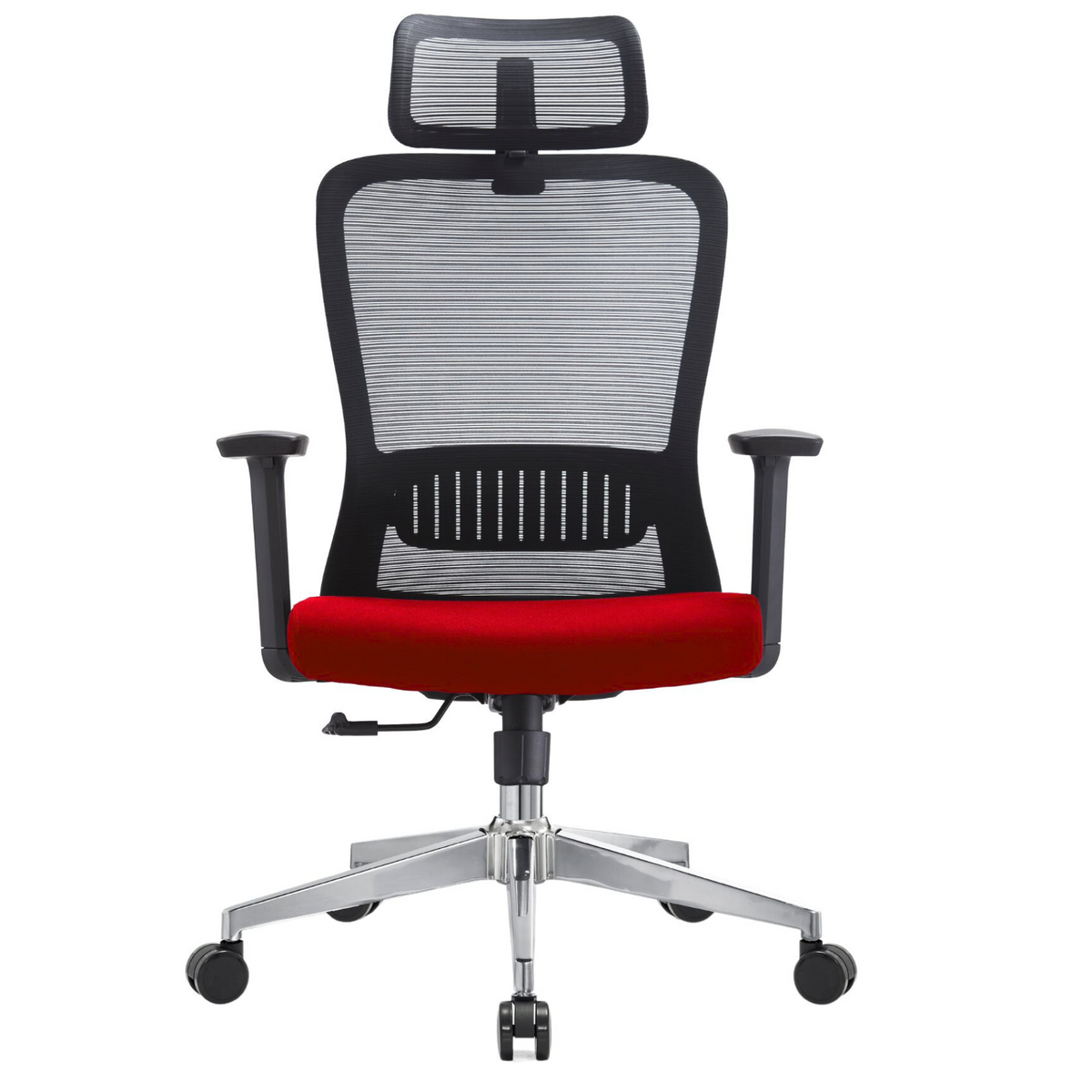 Silla Fent Alta OffiMobile — asiento rojo, base cromada, vista frontal.