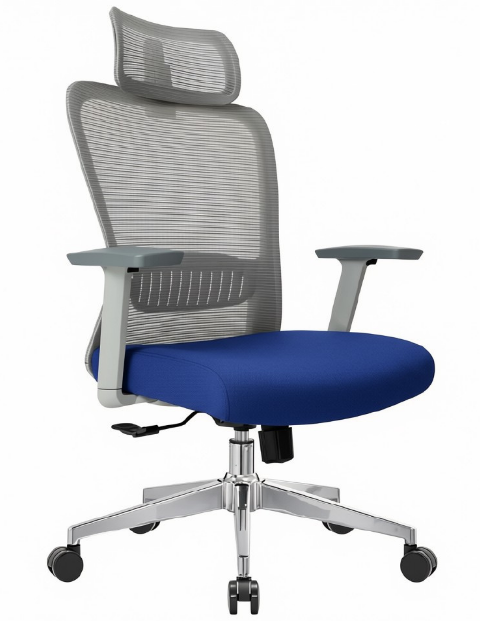 Silla Fent Gris Alta, tapiz azul, base cromada | OffiMobile