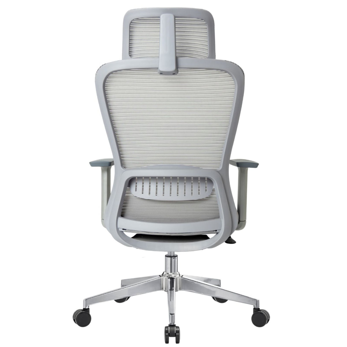 Silla Fent Gris Alta, tapiz gris, vista posterior con base cromada