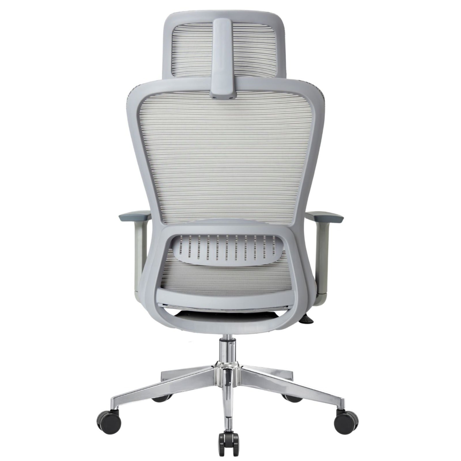 Silla Fent Gris Alta, tapiz gris, vista posterior con base cromada