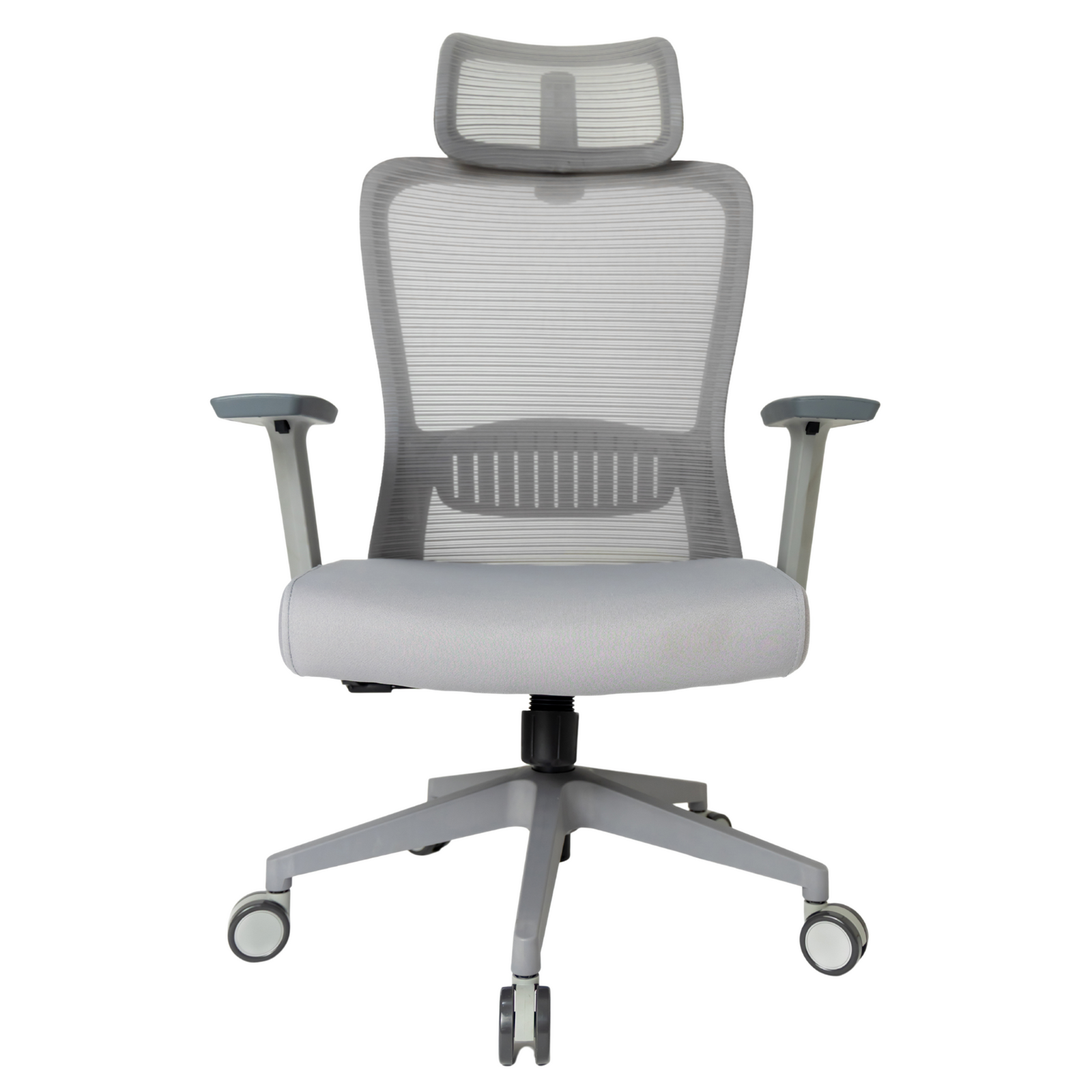 Silla Fent Gris Alta, tapiz gris, vista frontal con base gris