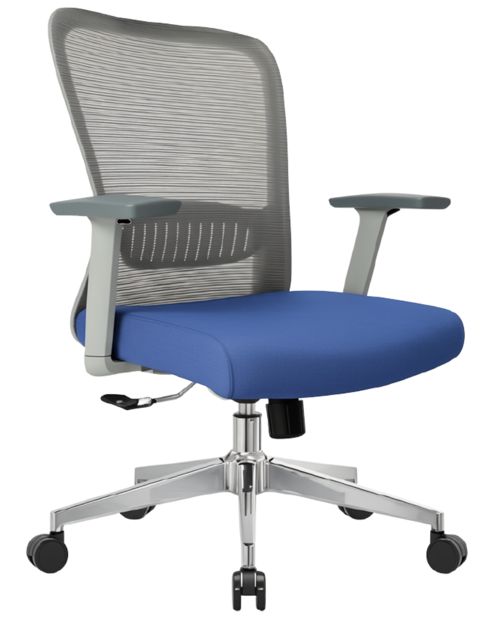 Silla Fent Gris Baja, tapiz azul, base cromada