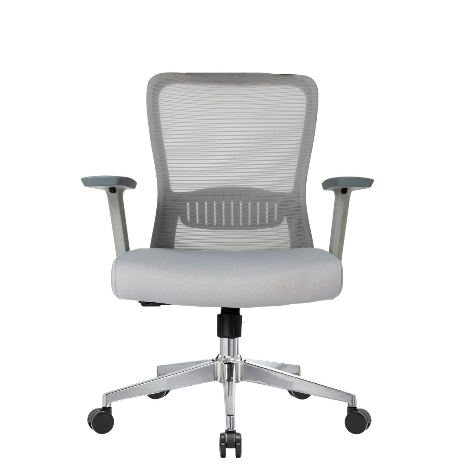 Silla Fent Gris Baja, tapiz gris, vista frontal con base cromada