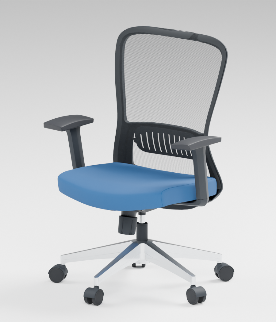 Representación 3D de silla Fent RB OffiMobile con asiento azul y base cromada