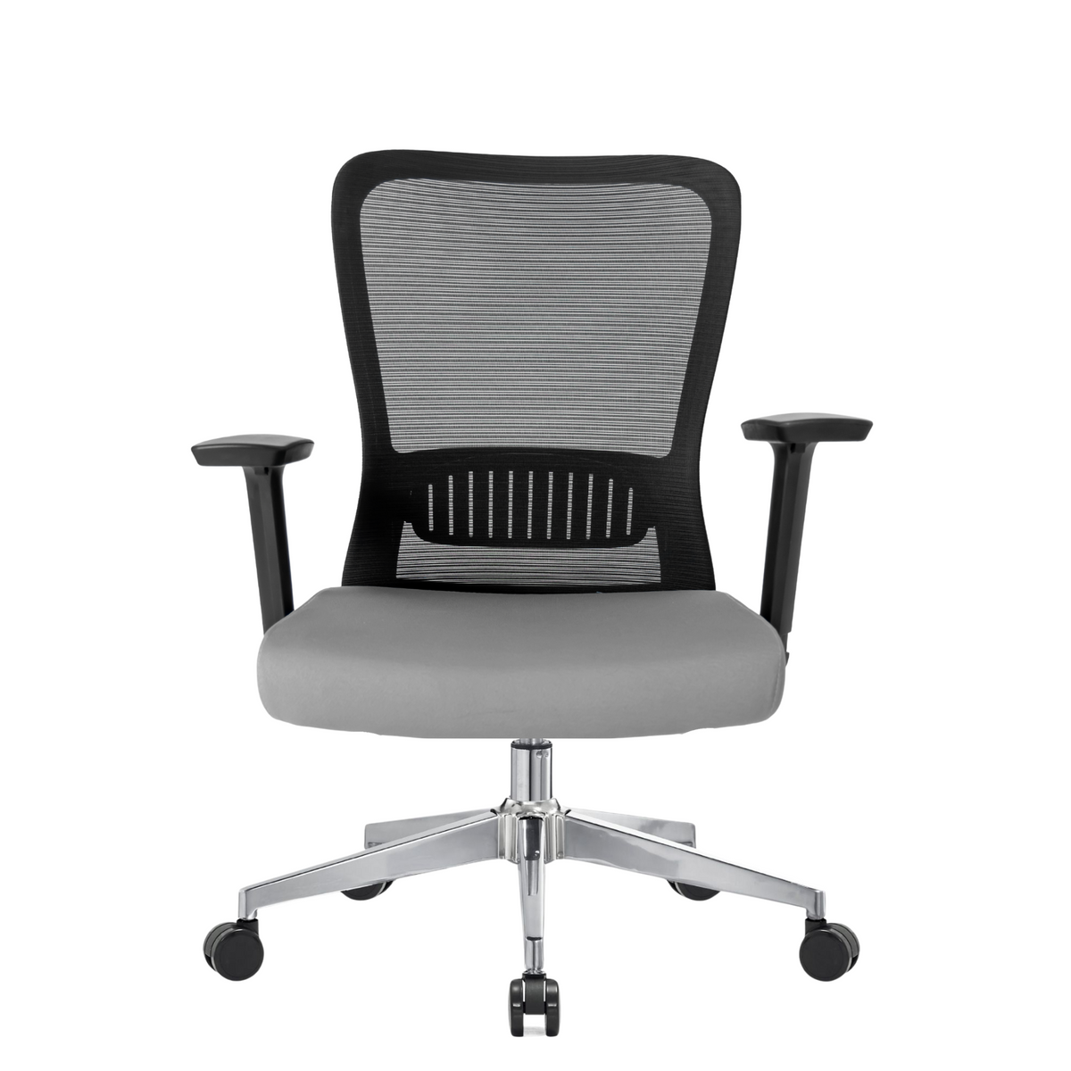 Silla Fent RB OffiMobile, asiento gris y base cromada, vista frontal
