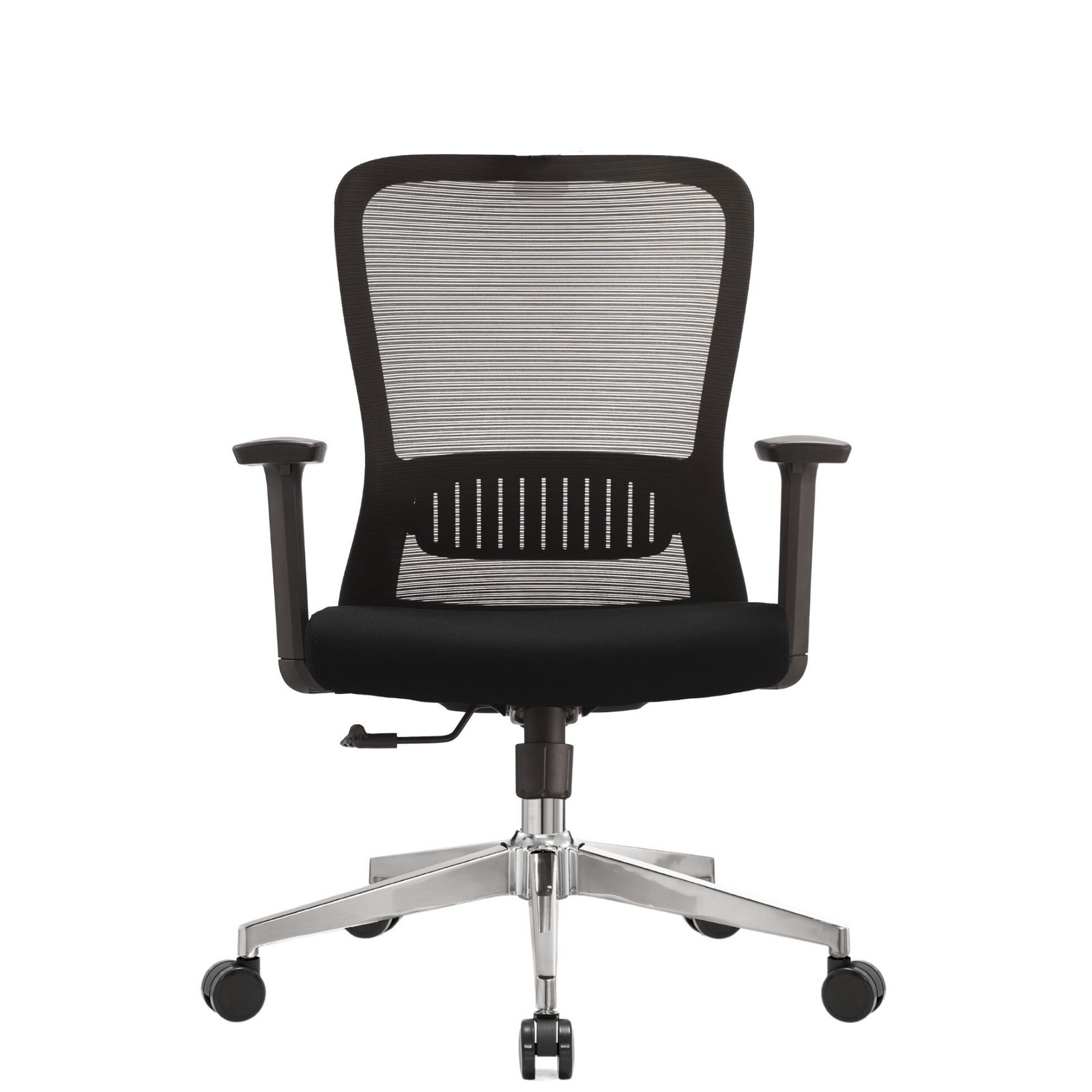 Silla Fent RB OffiMobile, asiento negro y base cromada, vista frontal