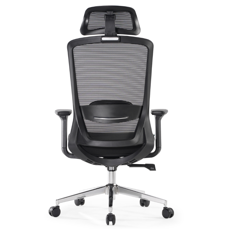 Silla Ejecutiva Kaze Negra Alta OffiMobile, base cromada, vista posterior.