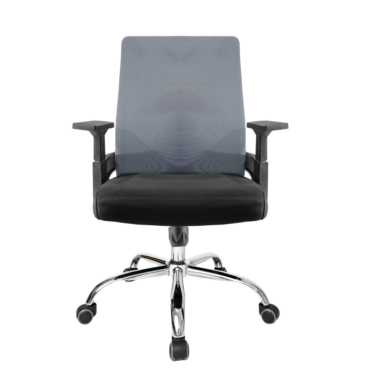 Silla Operativa Lite OffiMobile, malla gris, asiento negro y base cromada con rodajas, vista frontal.