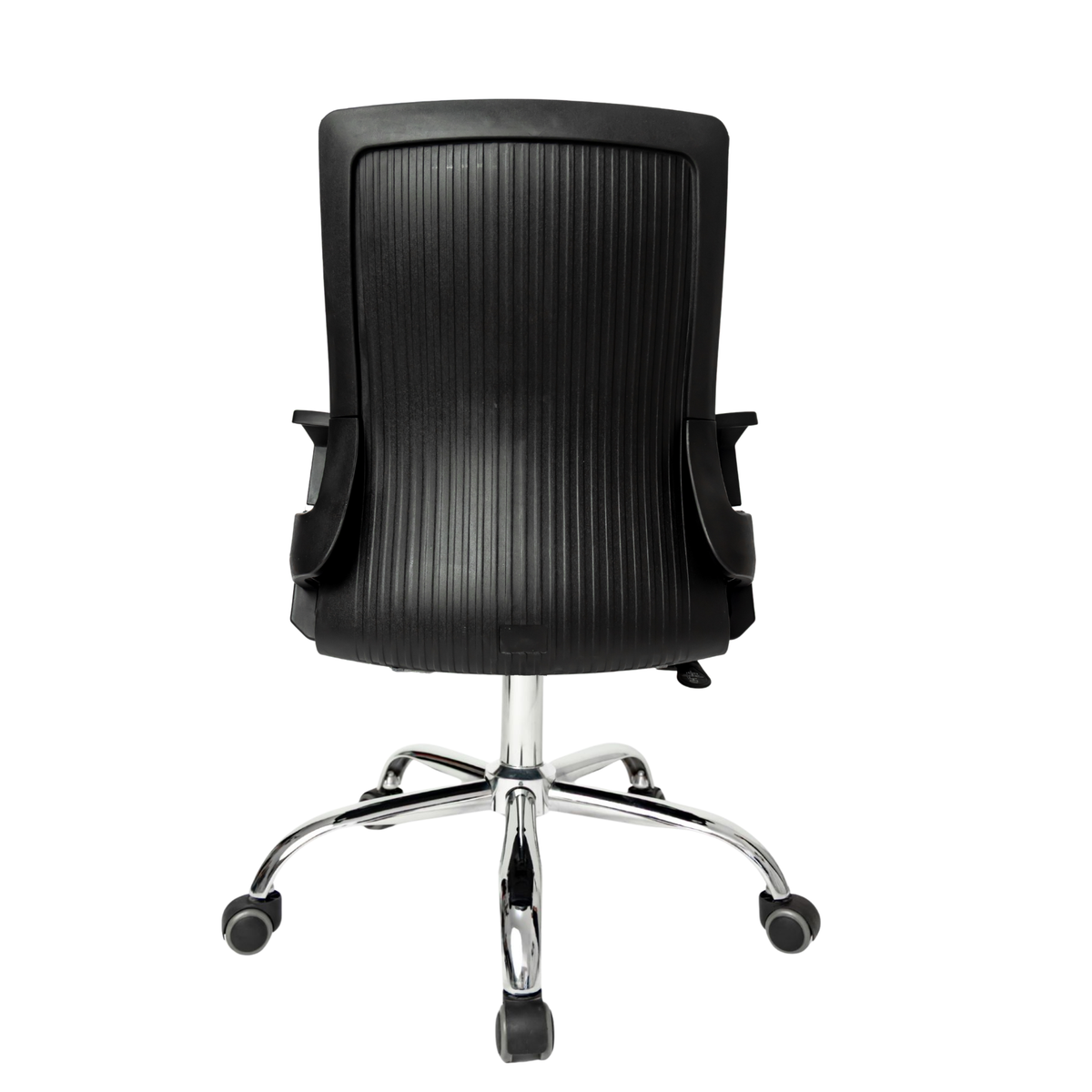 Silla Operativa Lite OffiMobile, carcasa posterior negra acanalada y base cromada, vista posterior.