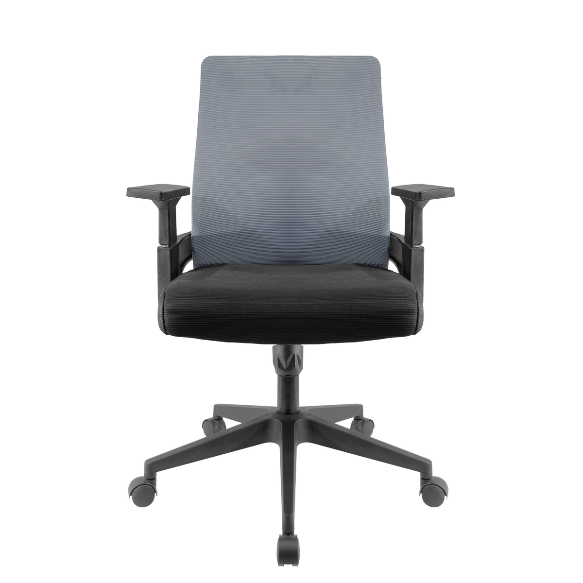 Silla Operativa Lite OffiMobile, malla gris, asiento negro y base de nylon negra con rodajas, vista frontal.