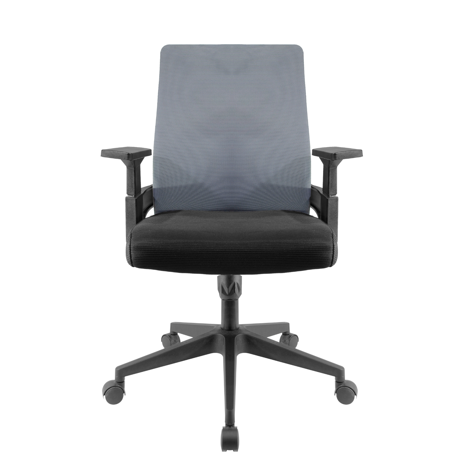 Silla Operativa Lite OffiMobile, malla gris, asiento negro y base de nylon negra con rodajas, vista frontal.