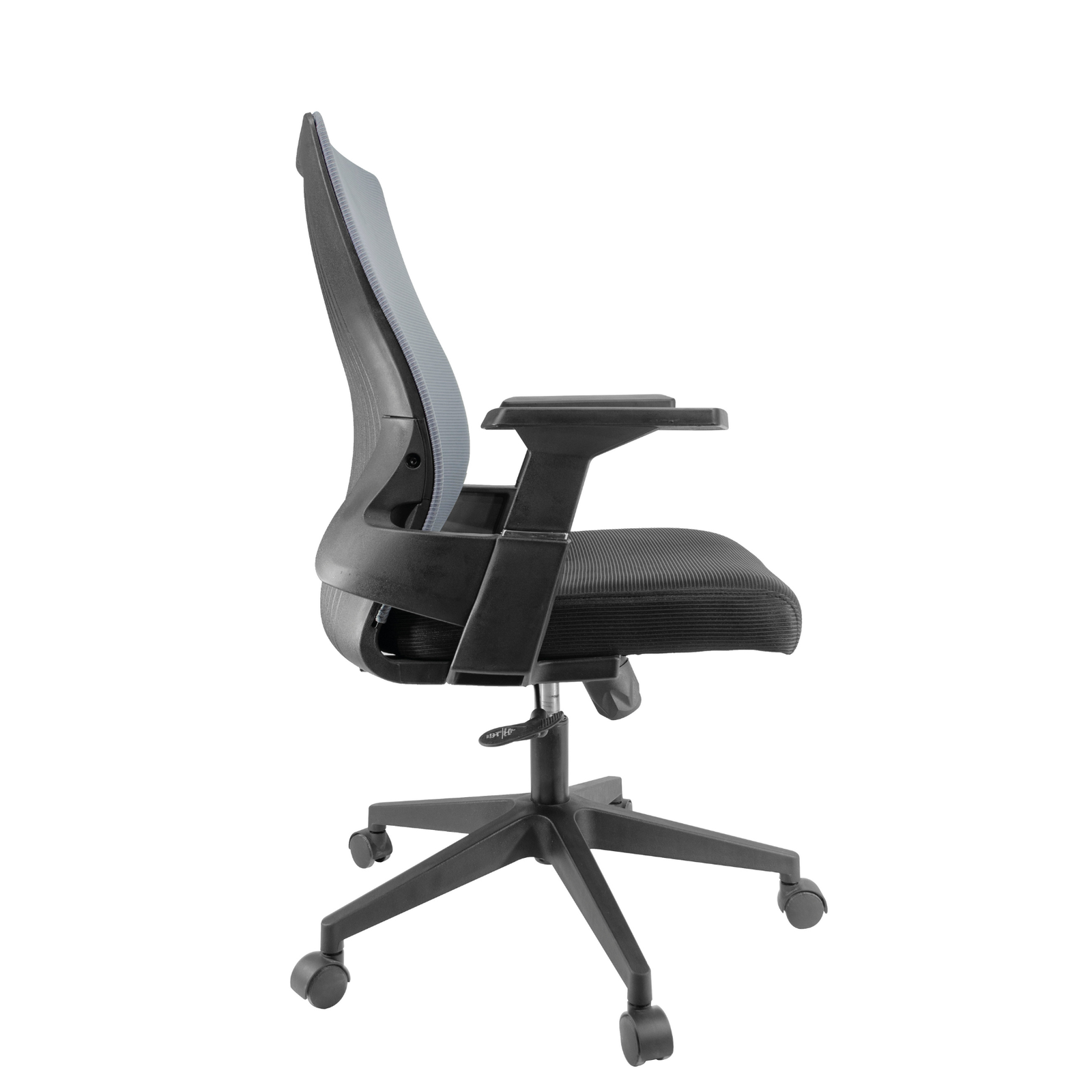 Silla Operativa Lite OffiMobile, base de nylon negra, brazos fijos y respaldo de malla gris, vista lateral.
