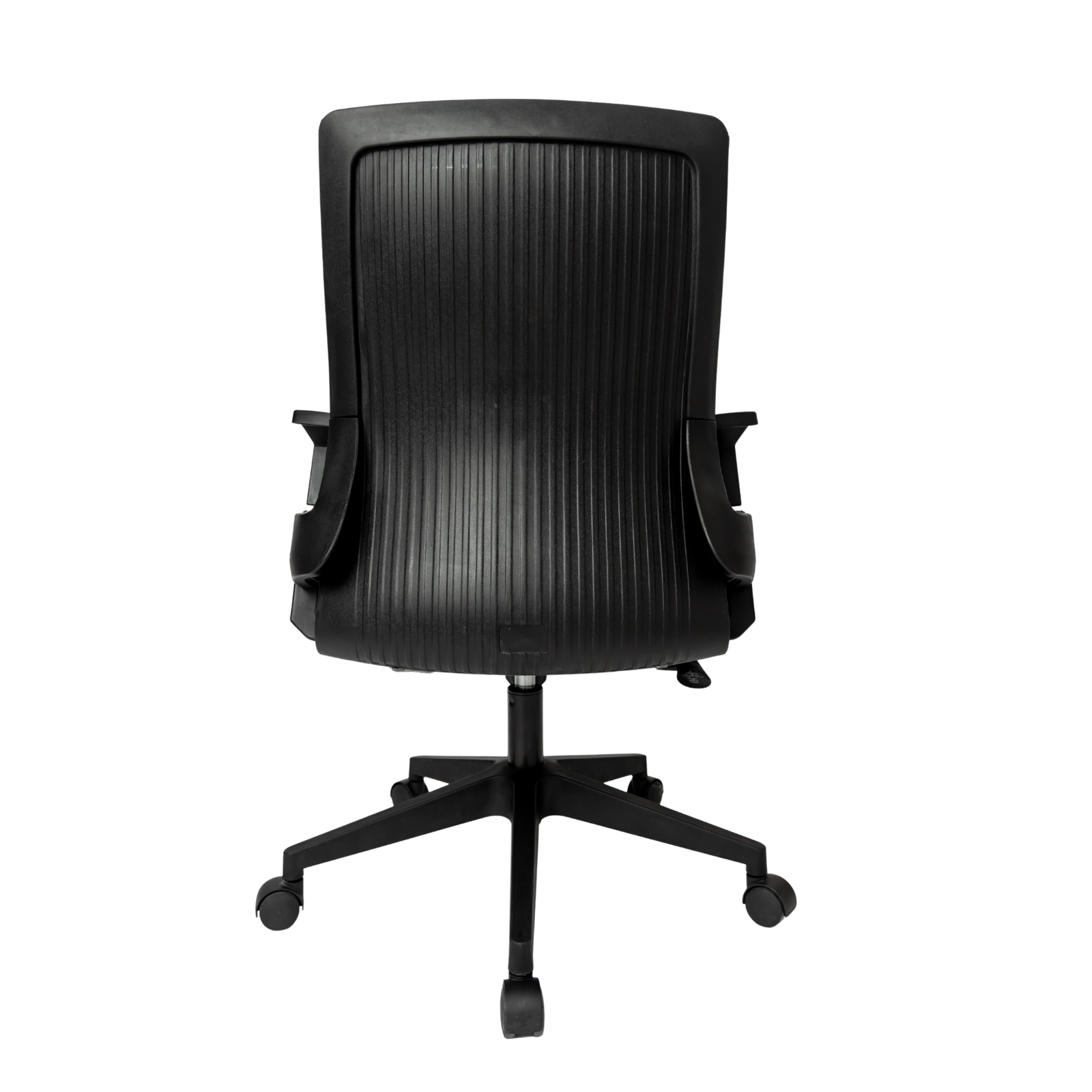 Silla Operativa Lite OffiMobile, carcasa posterior negra acanalada y base de nylon negra, vista posterior.