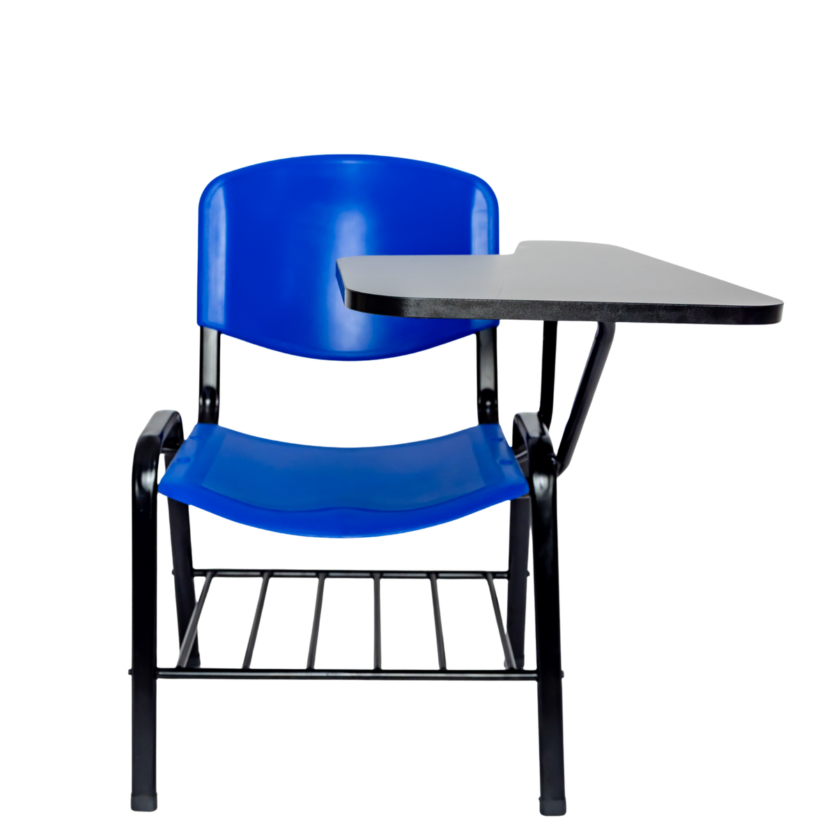 Pupitre escolar NEZO MB plástico E-71058-2 azul, vista frontal con paleta negra y parrilla portalibros — OffiMobile