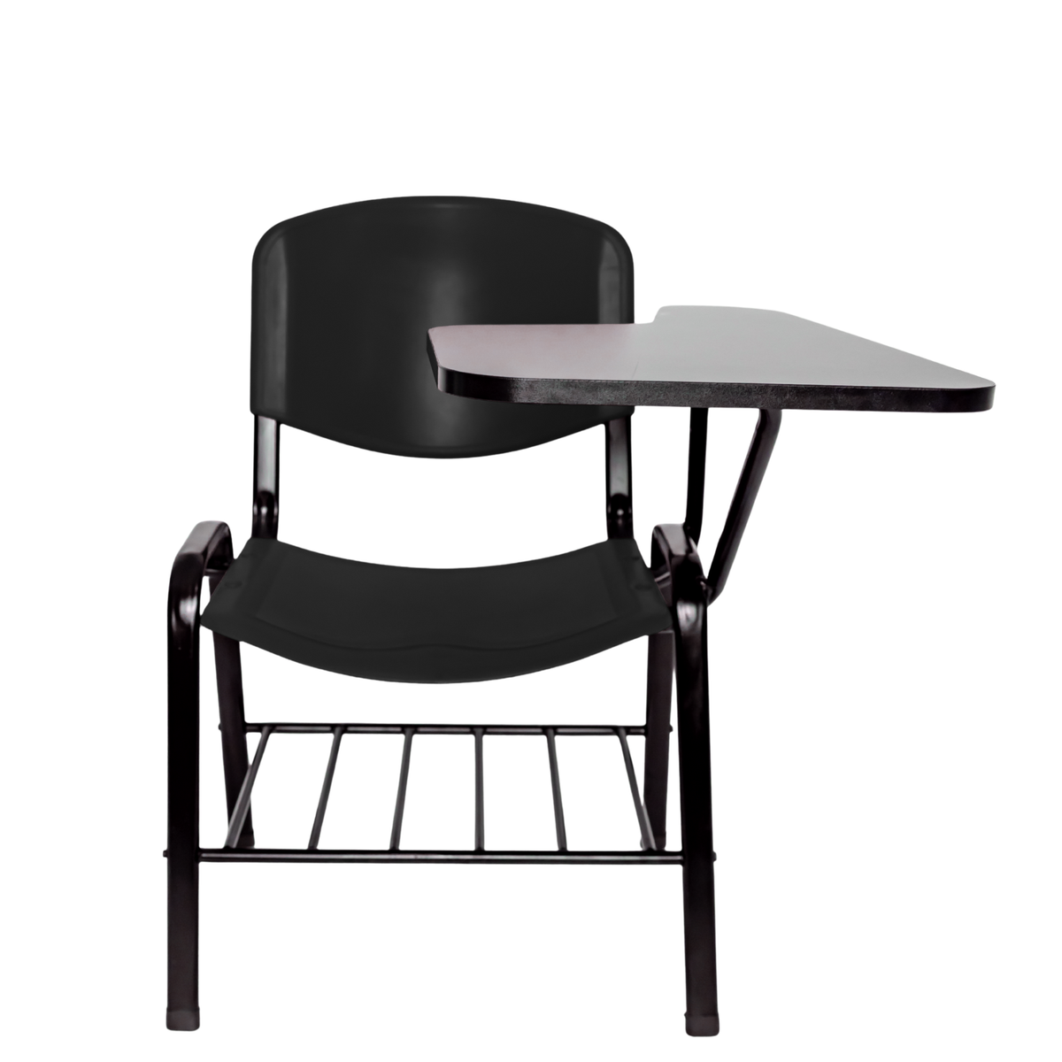 Pupitre escolar NEZO MB plástico E-71058-2 negro, vista frontal con paleta negra y parrilla portalibros — OffiMobile