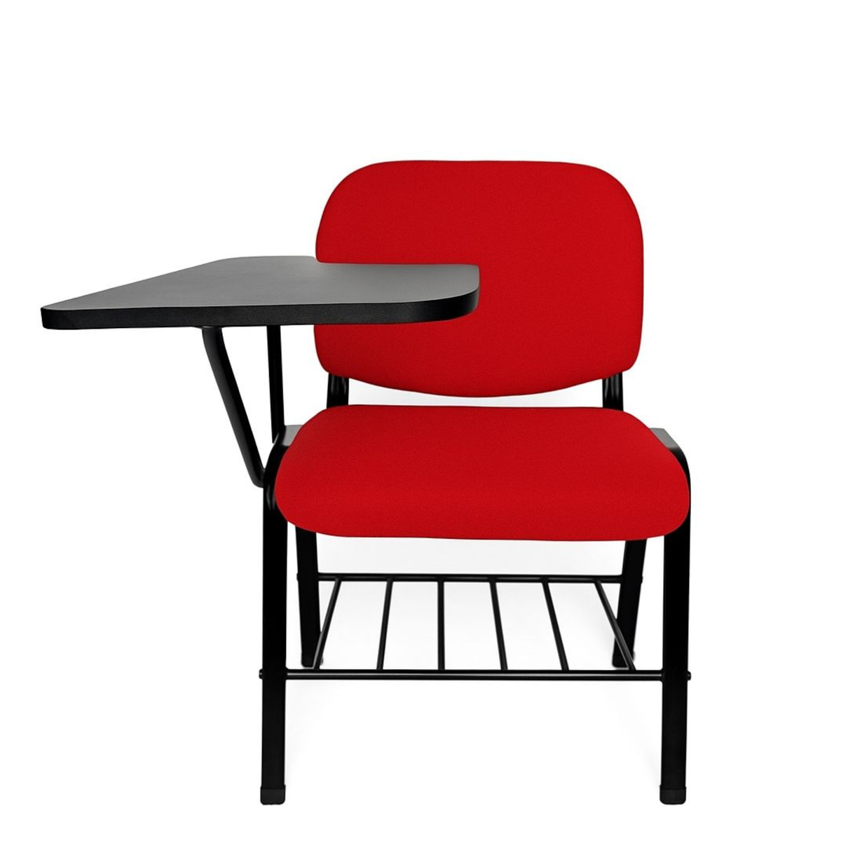 Pupitre escolar NEZO MB-T E-71050-2 tapizado rojo, vista frontal con paleta negra y parrilla portalibros — OffiMobile