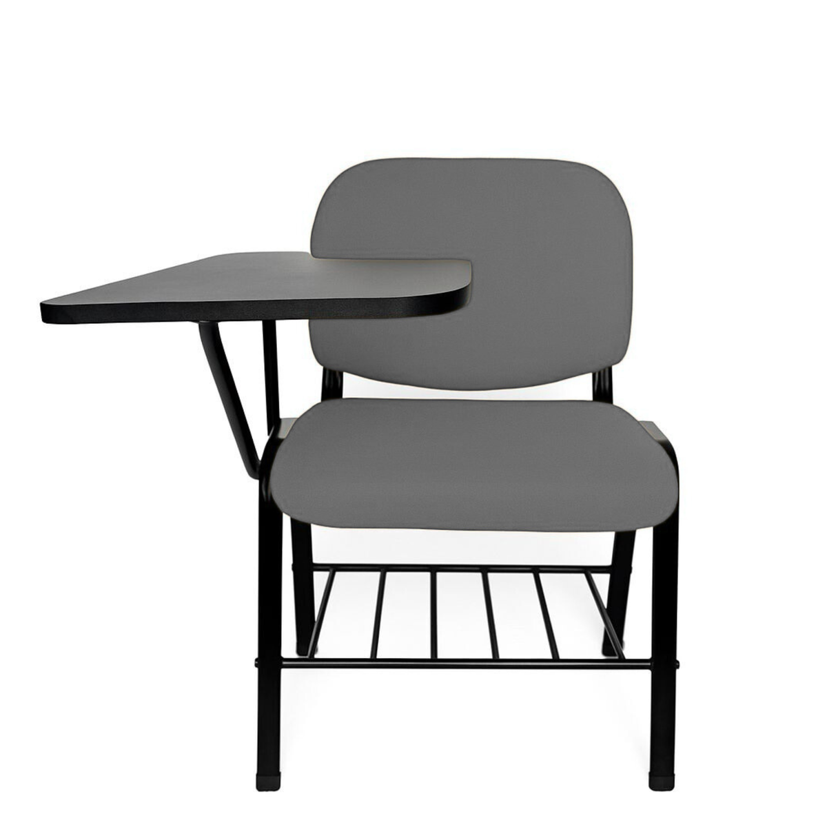 Pupitre escolar NEZO MB-T E-71050-2 tapizado gris, vista frontal con paleta negra y parrilla portalibros — OffiMobile