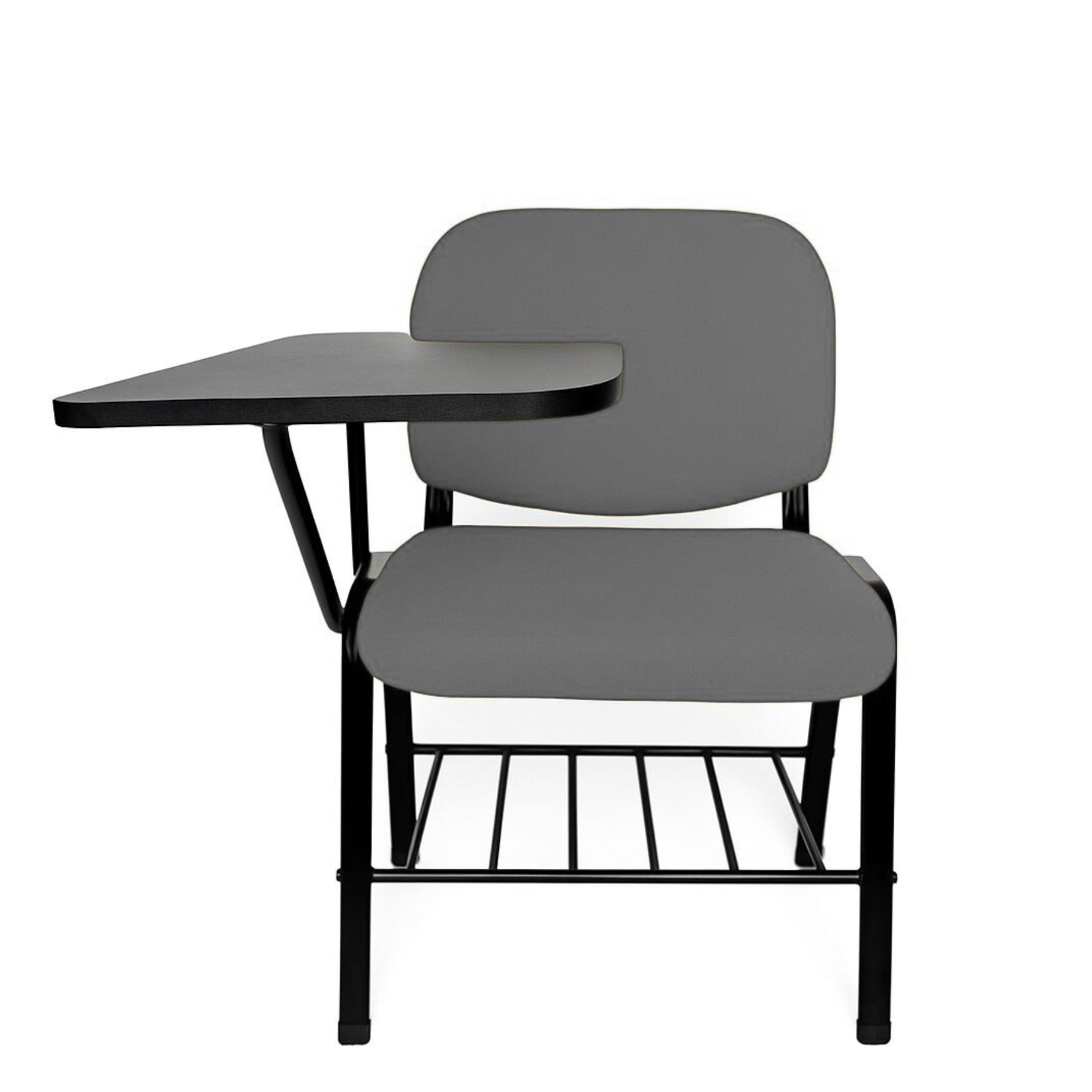 Pupitre escolar NEZO MB-T E-71050-2 tapizado gris, vista frontal con paleta negra y parrilla portalibros — OffiMobile