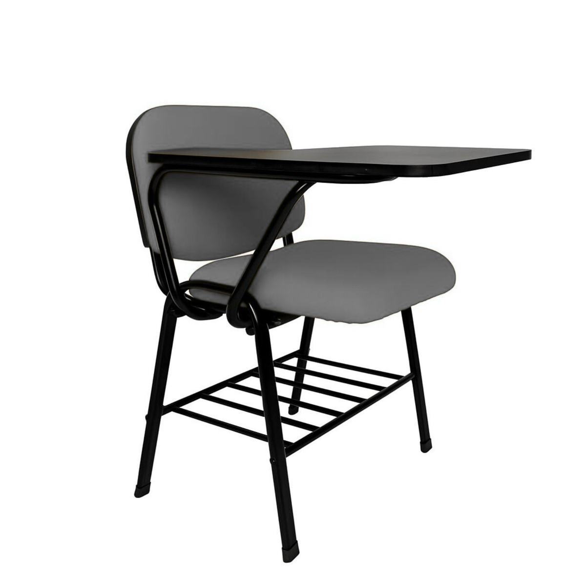 Pupitre escolar NEZO MB-T E-71050-2 tapizado gris, vista en perspectiva con paleta negra y parrilla portalibros — OffiMobile