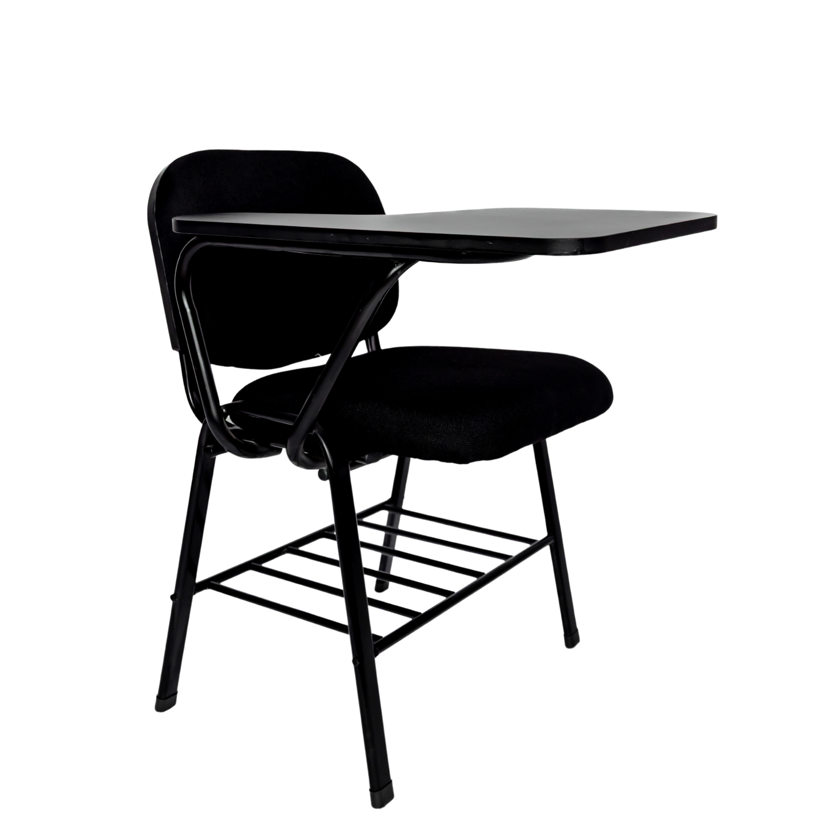 Pupitre escolar NEZO MB-T E-71050-2 tapizado negro, vista en perspectiva con paleta negra y parrilla portalibros — OffiMobile