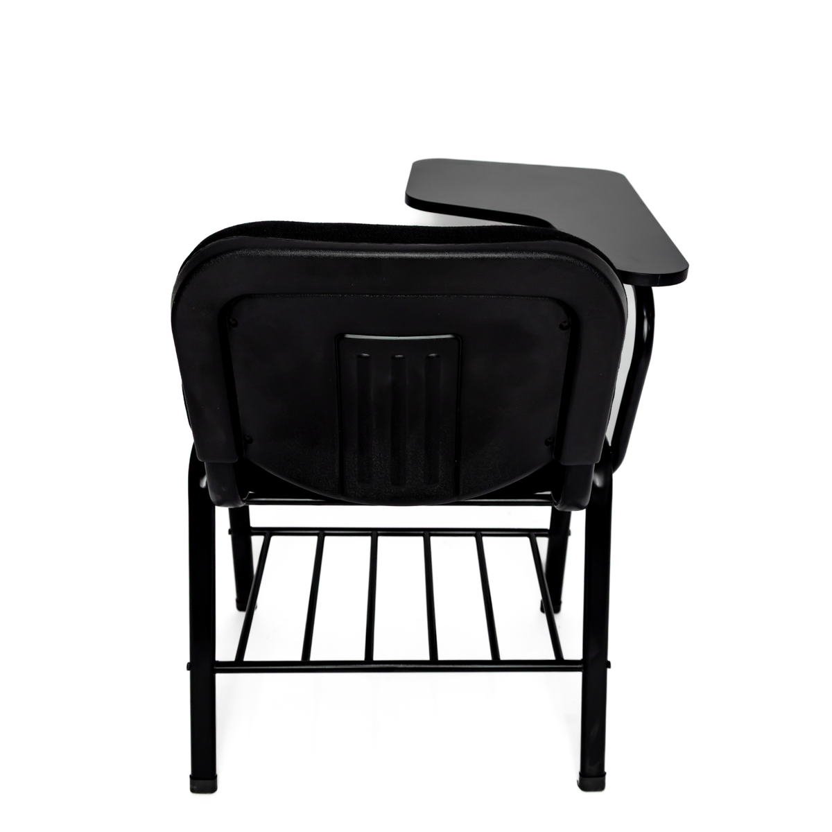 Pupitre escolar NEZO MB-T E-71050-2 tapizado negro, vista posterior con paleta negra y parrilla portalibros — OffiMobile