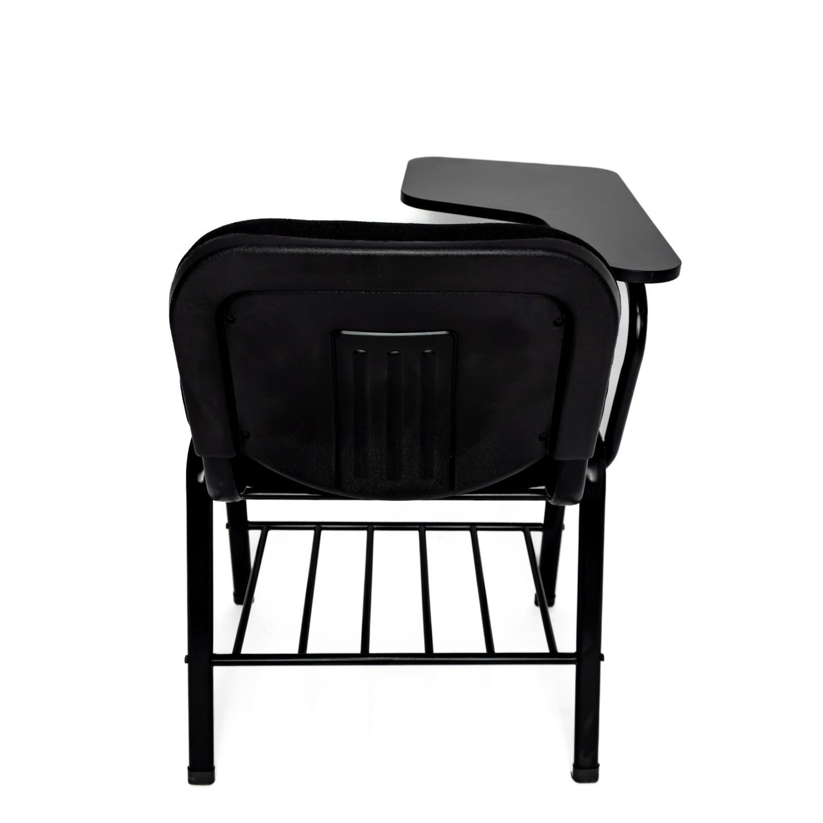 Pupitre escolar NEZO MB-T E-71050-2 tapizado negro, vista posterior con paleta negra y parrilla portalibros — OffiMobile