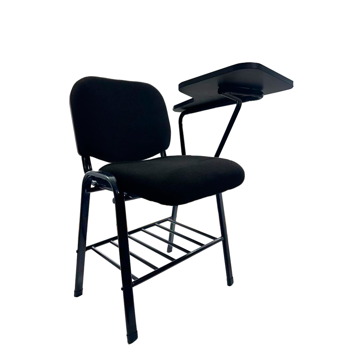 Pupitre escolar NEZO MB-T E-71050-2 tapizado negro, vista desde el lado contrario con paleta negra y parrilla portalibros — OffiMobile