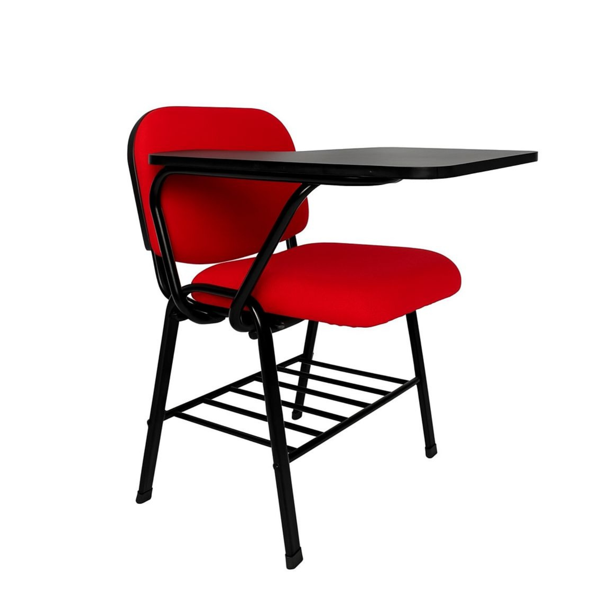 Pupitre escolar NEZO MB-T E-71050-2 tapizado rojo, vista en perspectiva con paleta negra y parrilla portalibros — OffiMobile