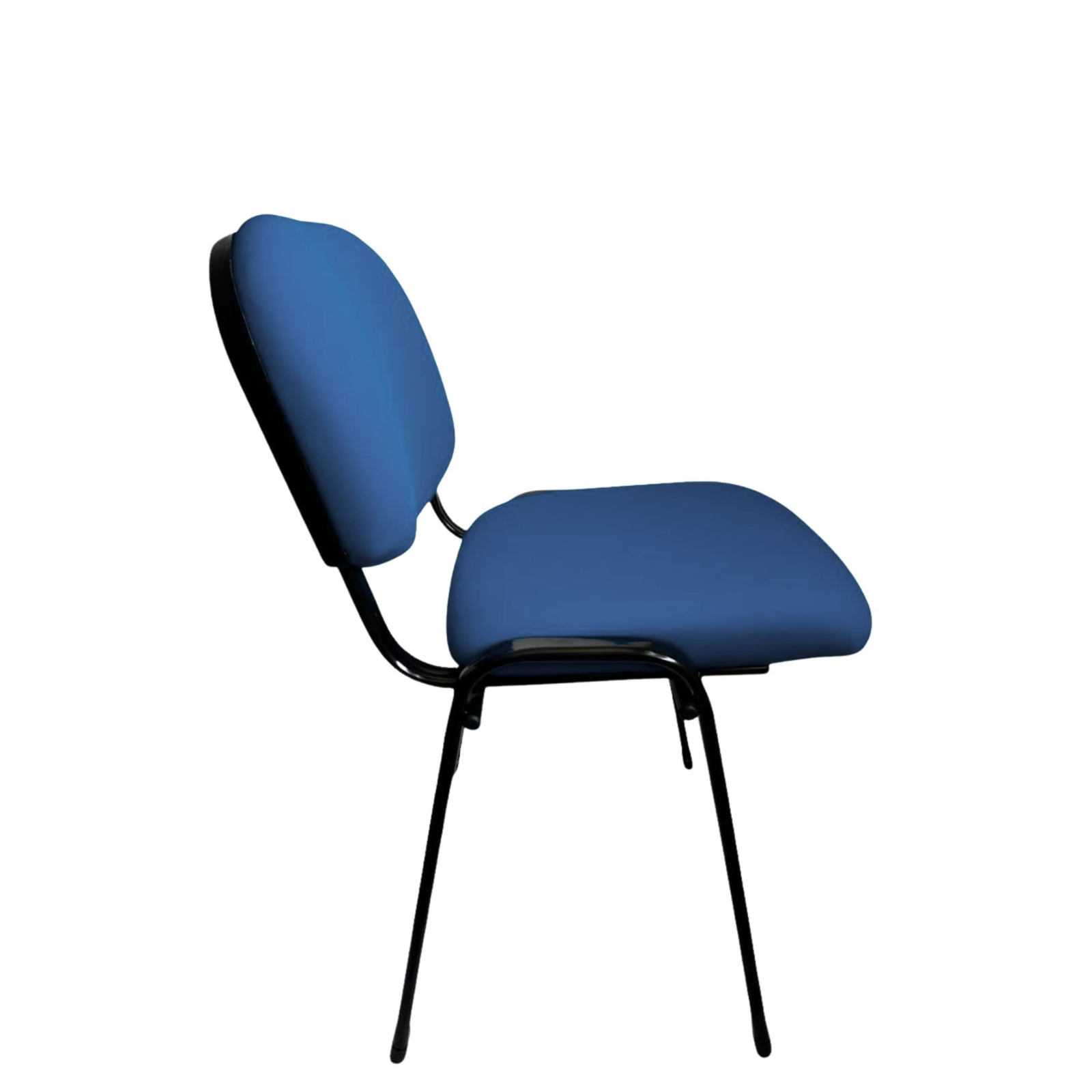 Nezo Tapizada azul, volumen del acolchado y estructura negra de cuatro patas, vista lateral en perspectiva