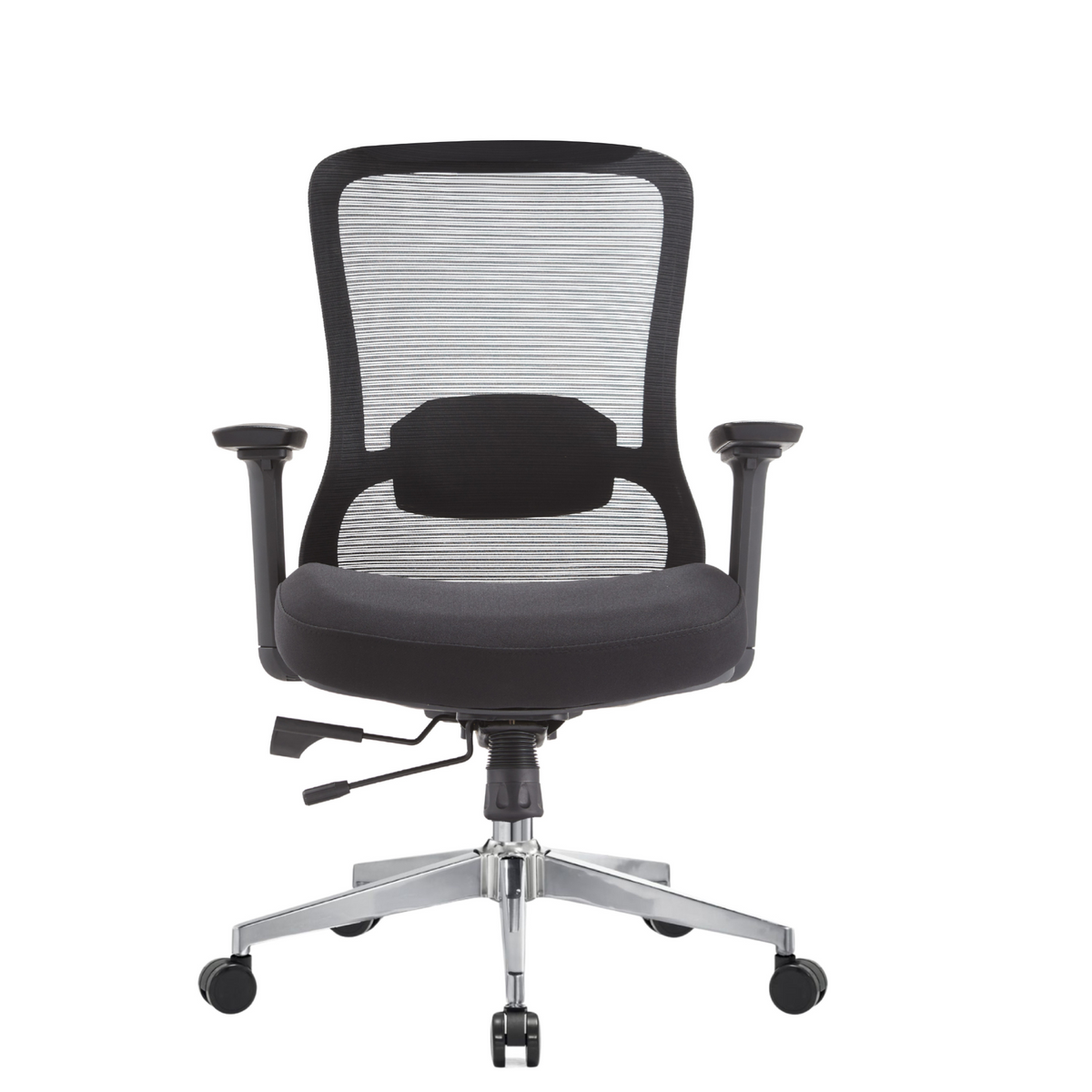 Silla Nicole RB OffiMobile con respaldo de malla y asiento negro, base cromada, vista frontal.