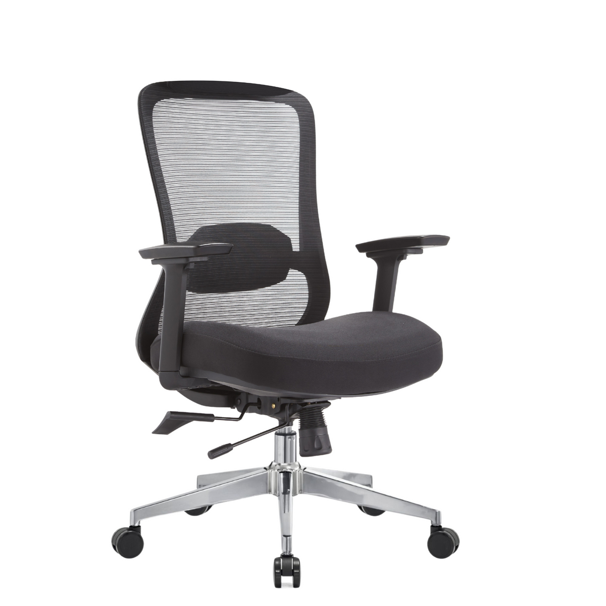 Silla Nicole RB OffiMobile con respaldo de malla y asiento negro, base cromada, vista en perspectiva.