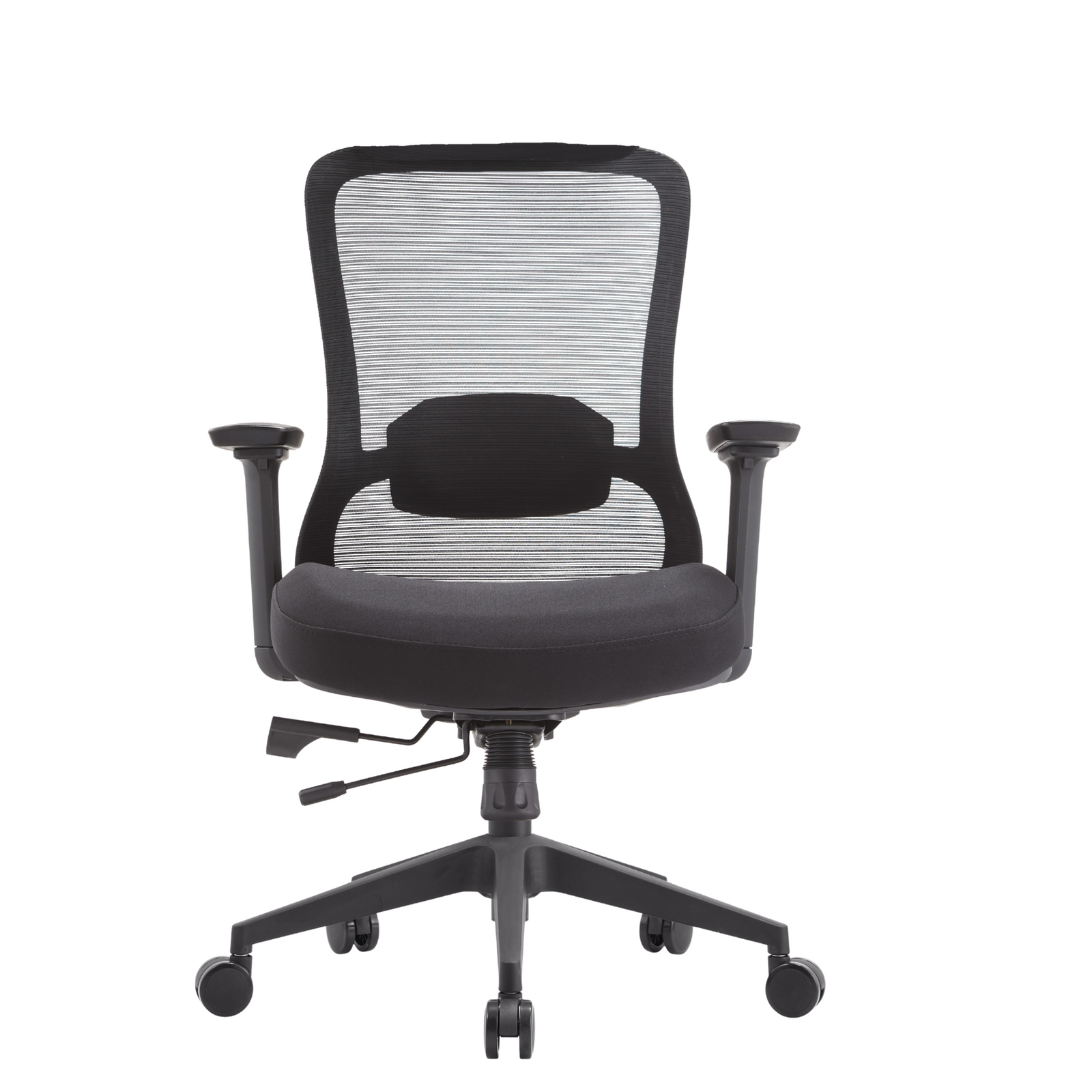 Silla Nicole RB OffiMobile con respaldo de malla y asiento negro, base negra, vista frontal.