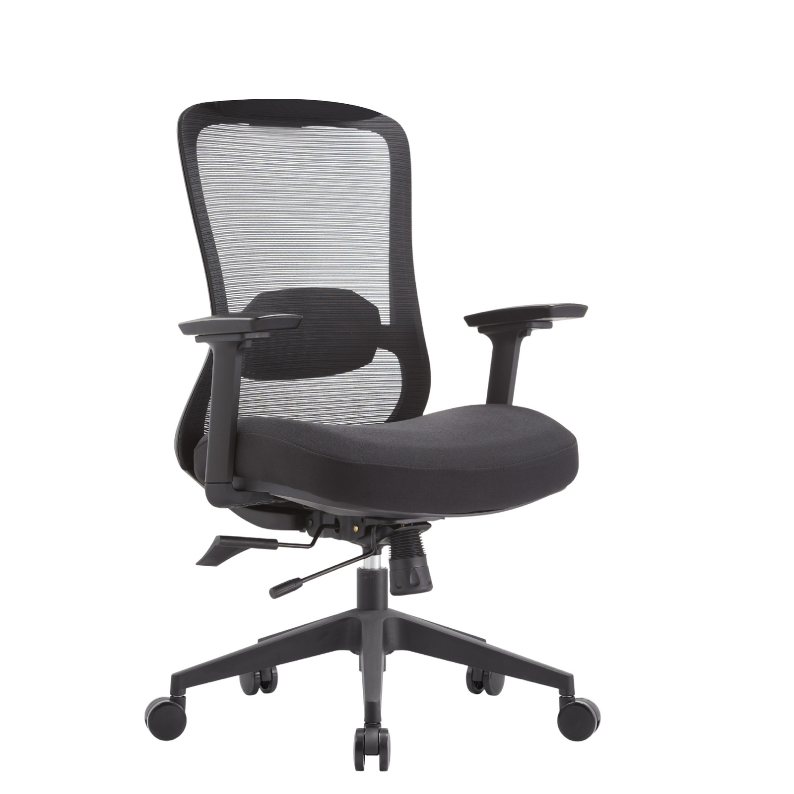 Silla Nicole RB OffiMobile con respaldo de malla y asiento negro, base negra, vista en perspectiva.