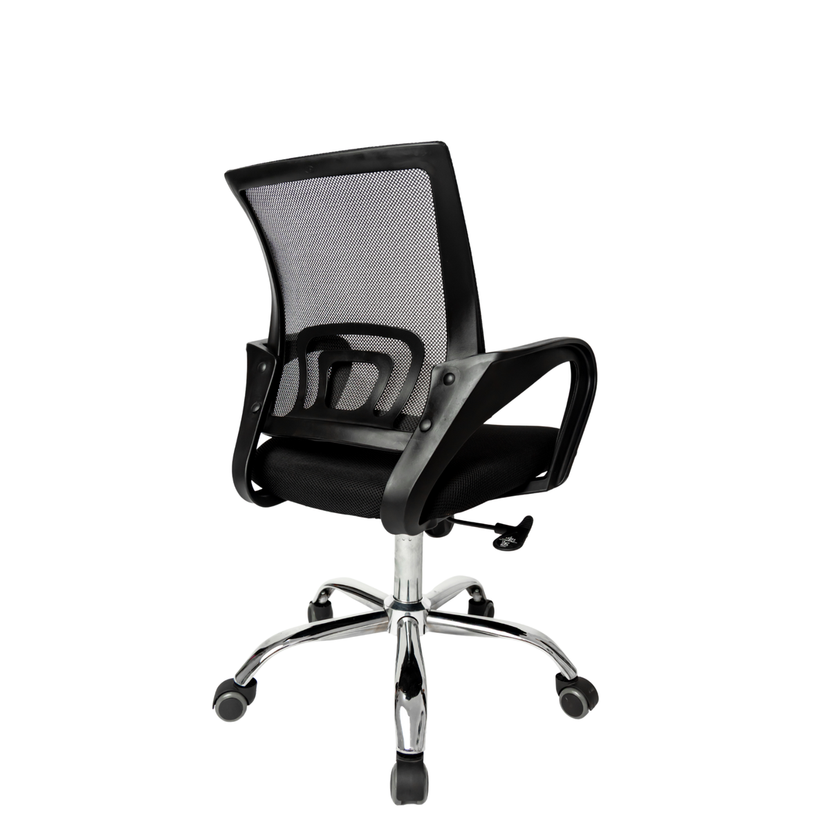Silla operativa Tiny con base cromada, vista posterior en perspectiva. OffiMobile.