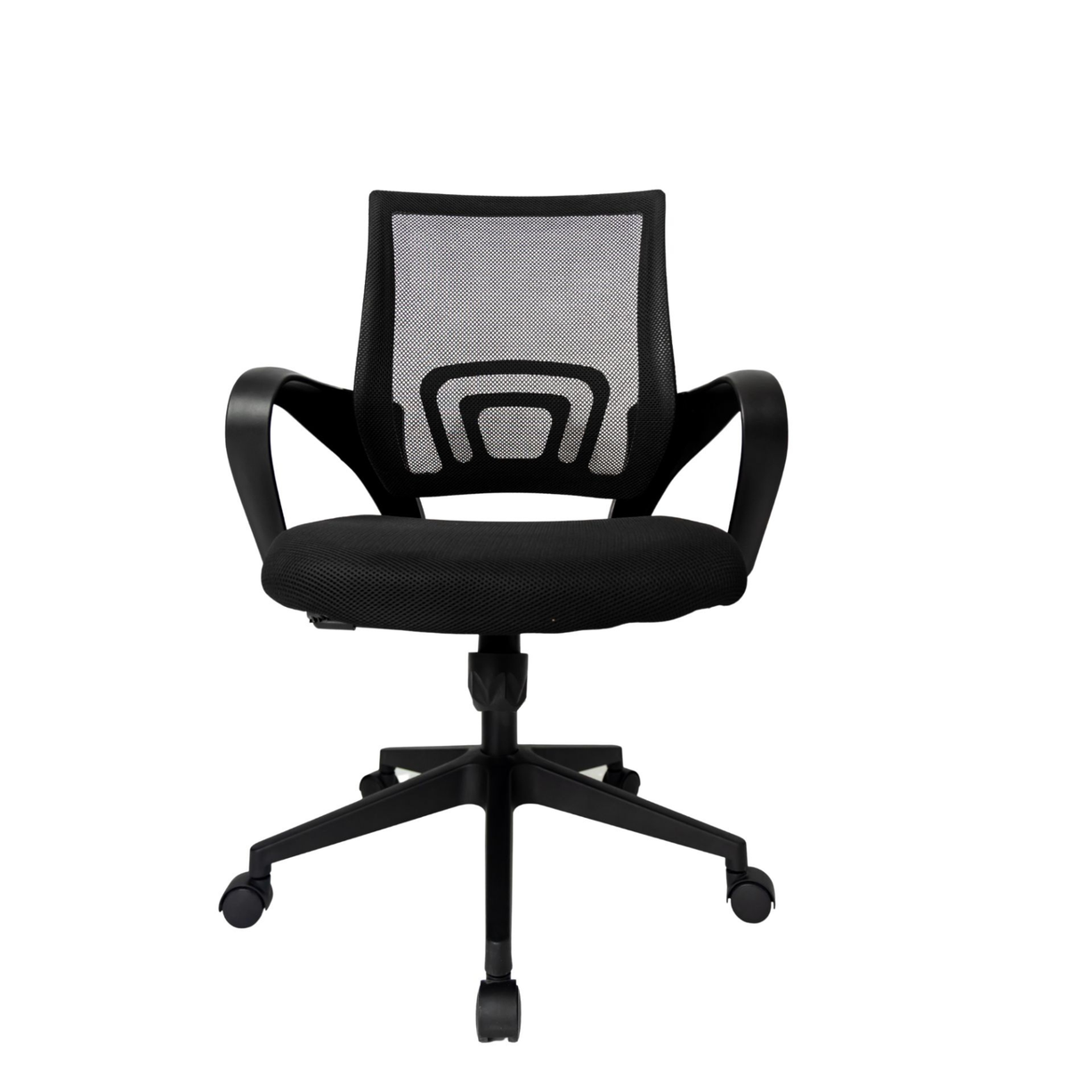 Silla operativa Tiny negra con base negra, vista frontal. OffiMobile.