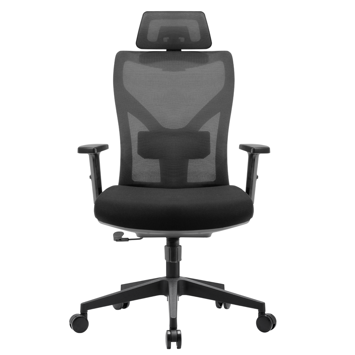 Silla Yue Alta OffiMobile, asiento negro y malla gris con base de nylon negra, vista frente