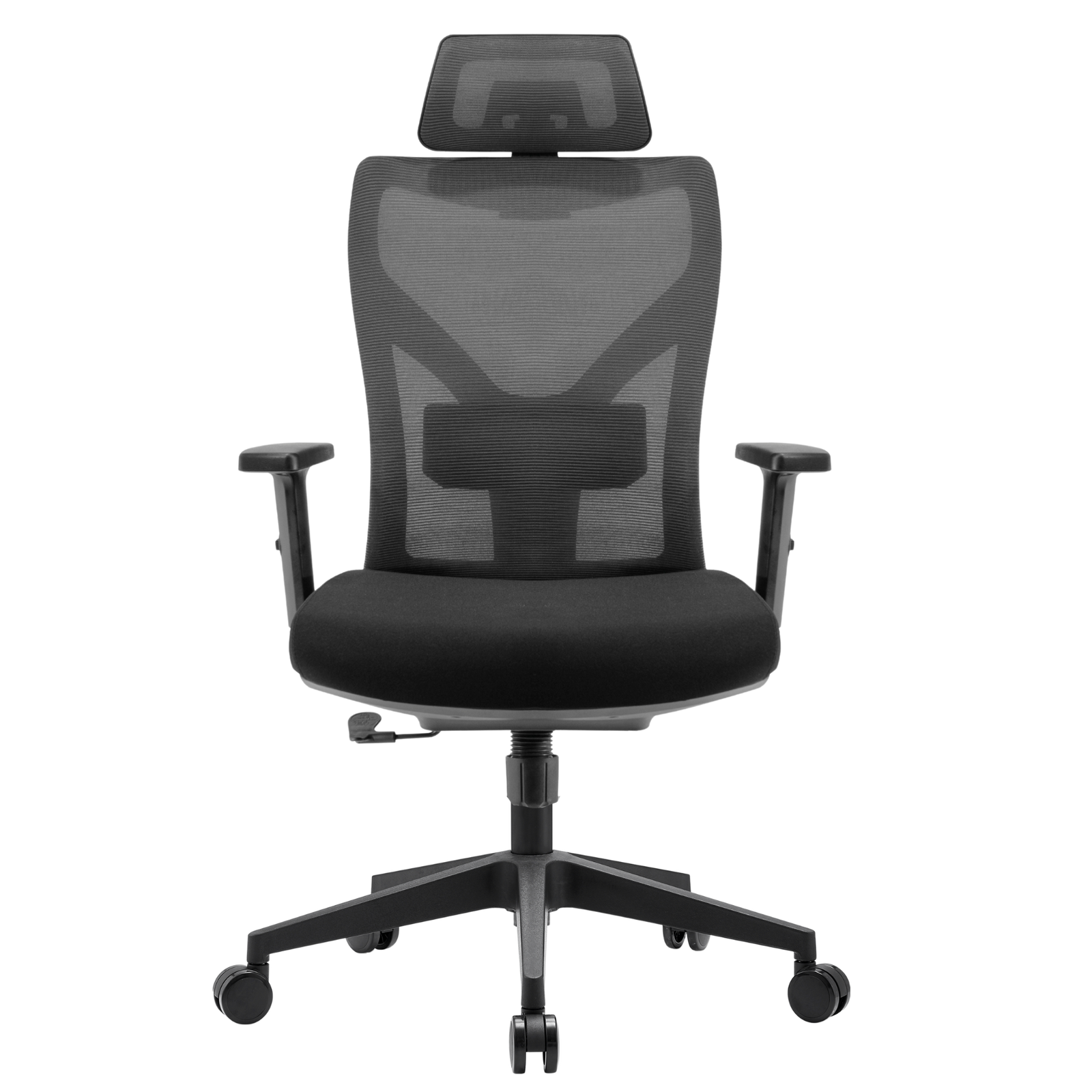 Silla Yue Alta OffiMobile, asiento negro y malla gris con base de nylon negra, vista frente