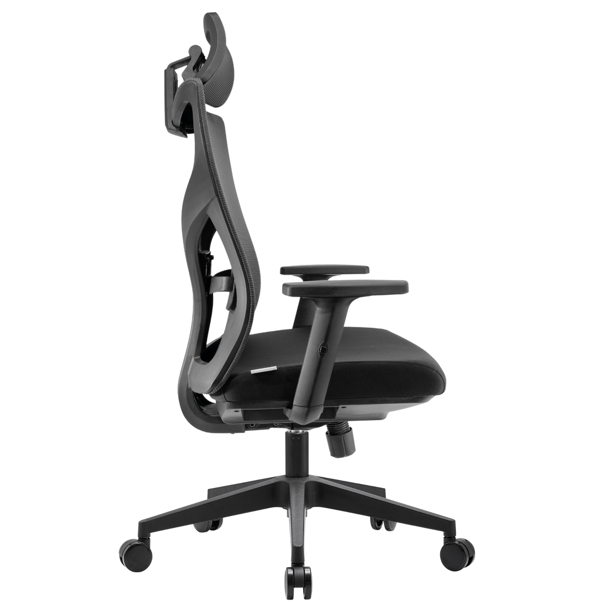 Silla Yue Alta OffiMobile, asiento negro y malla gris con base de nylon negra, vista lateral