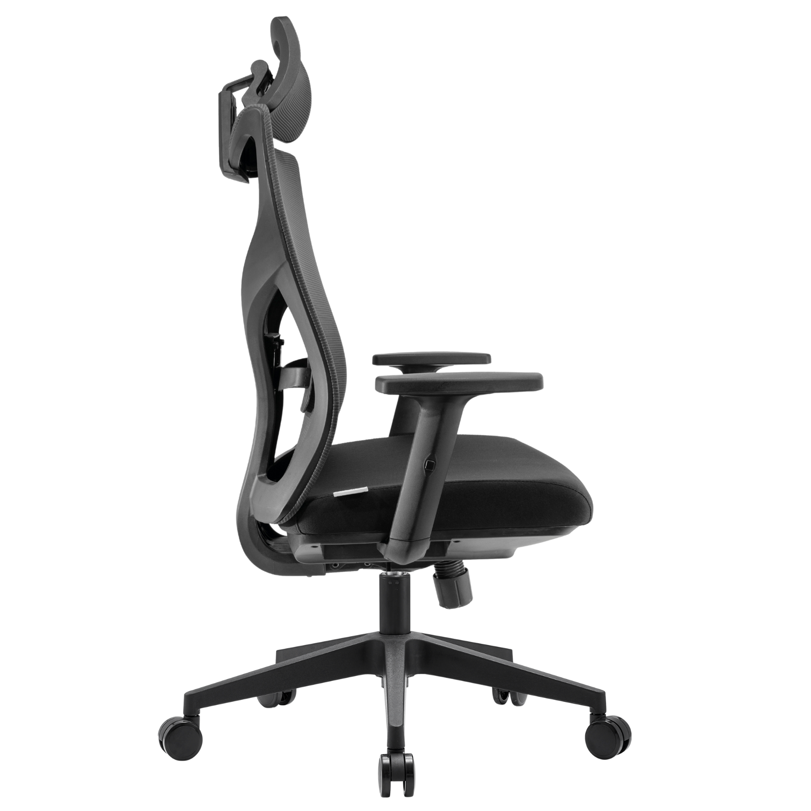 Silla Yue Alta OffiMobile, asiento negro y malla gris con base de nylon negra, vista lateral