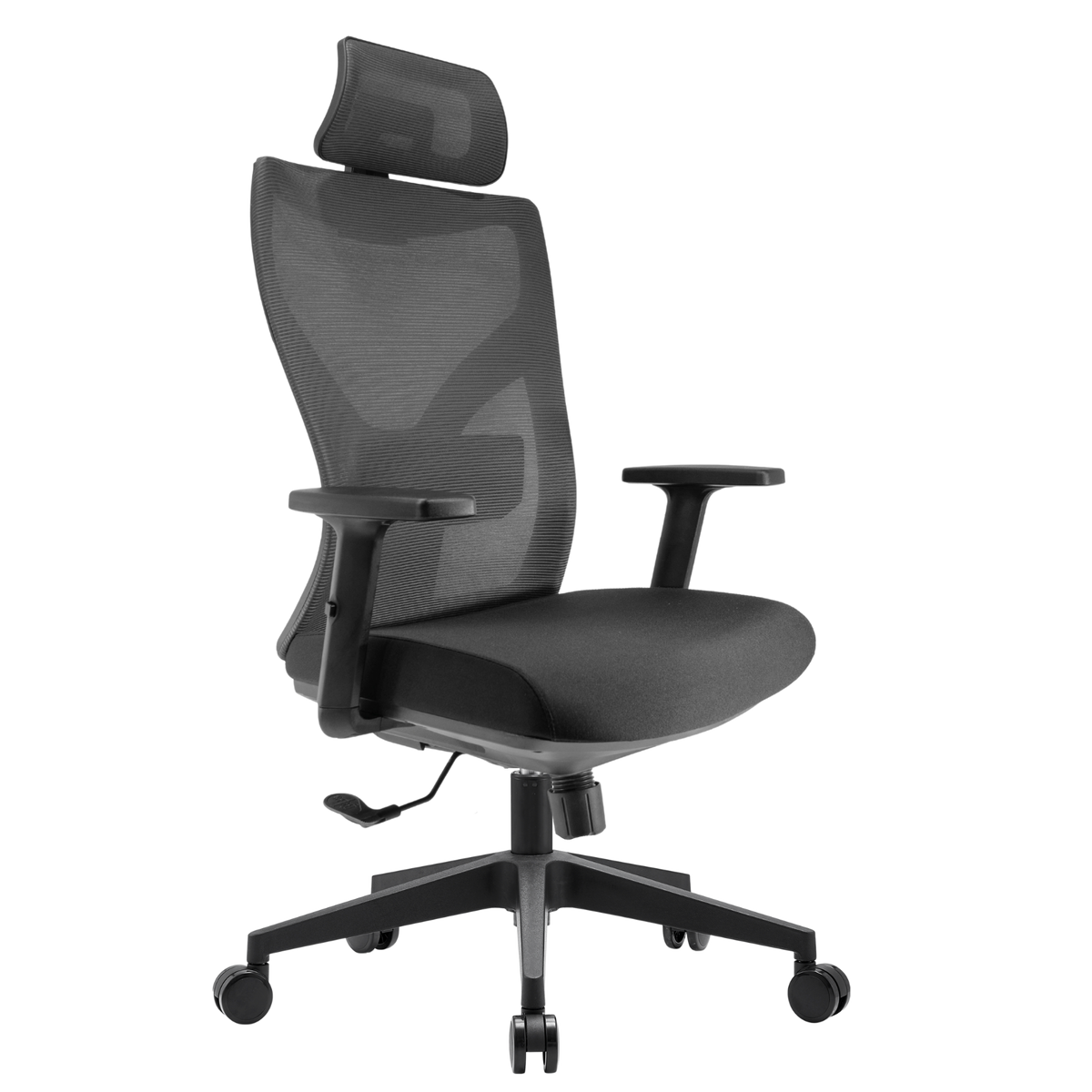 Silla Yue Alta OffiMobile, asiento negro y malla gris con base de nylon negra, vista perspectiva