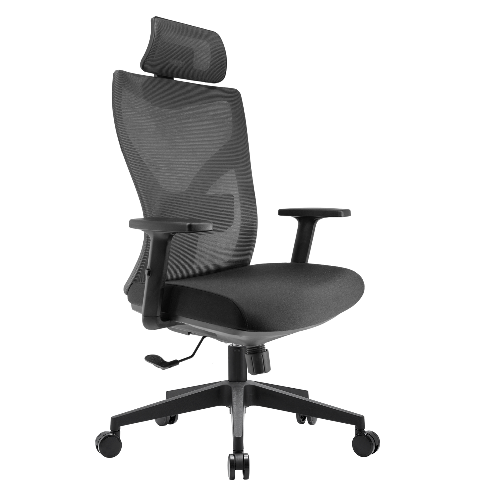 Silla Yue Alta OffiMobile, asiento negro y malla gris con base de nylon negra, vista perspectiva