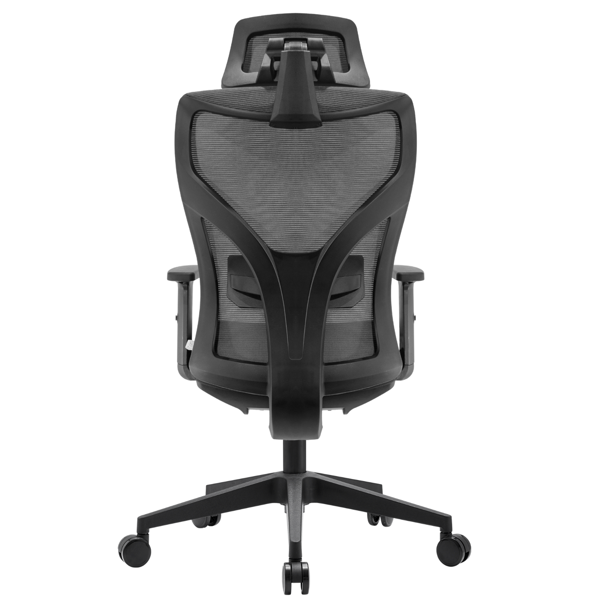 Silla Yue Alta OffiMobile, asiento negro y malla gris con base de nylon negra, vista posterior
