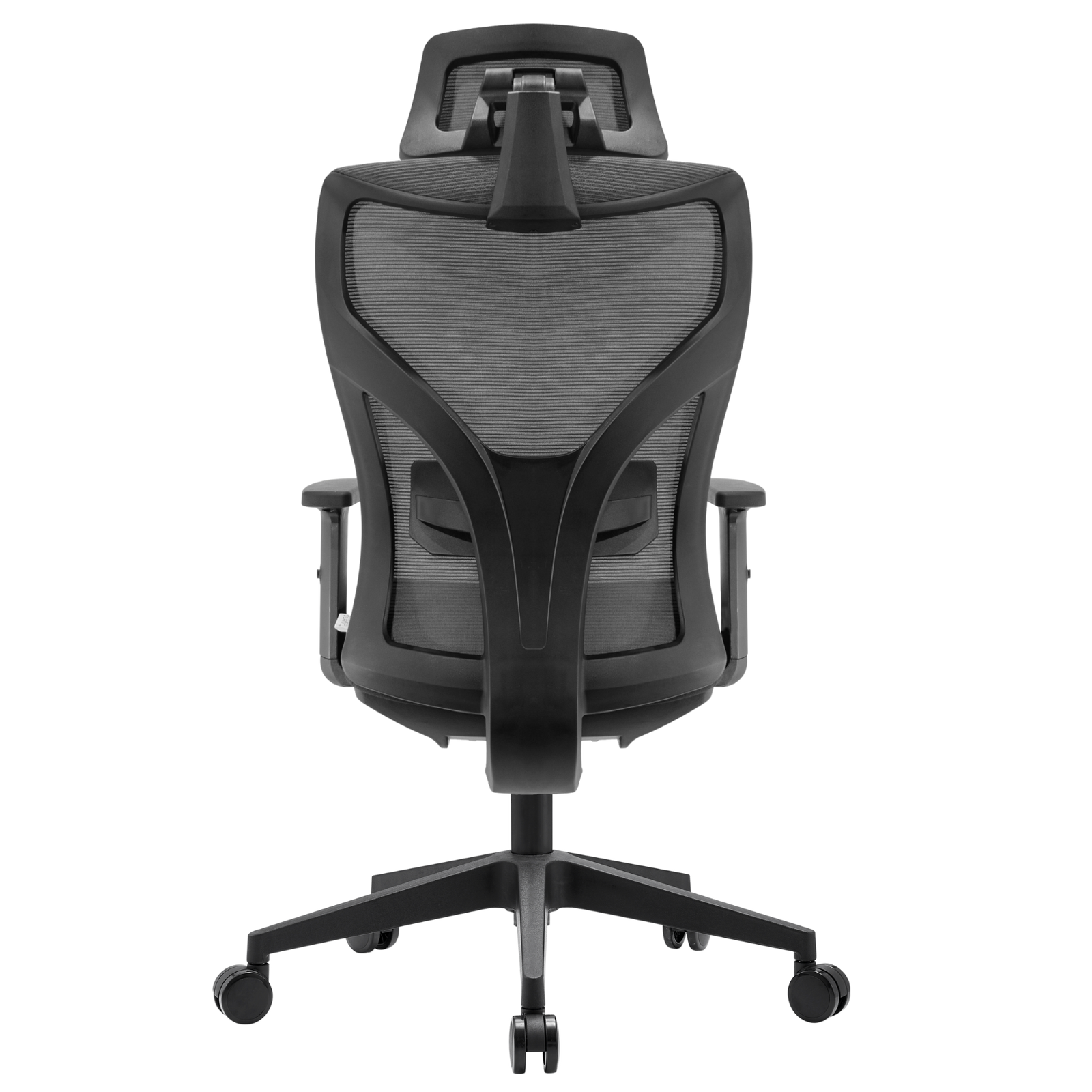 Silla Yue Alta OffiMobile, asiento negro y malla gris con base de nylon negra, vista posterior