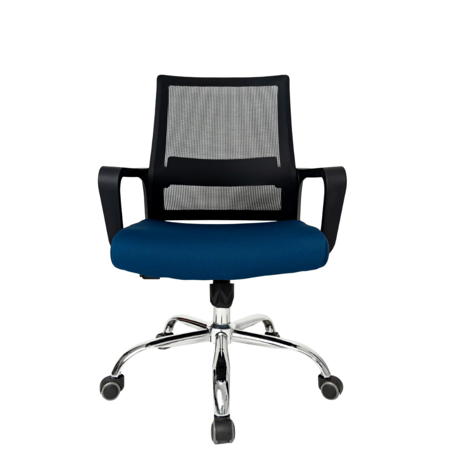 Silla Operativa Zen OffiMobile, asiento azul, base cromada, vista frontal.
