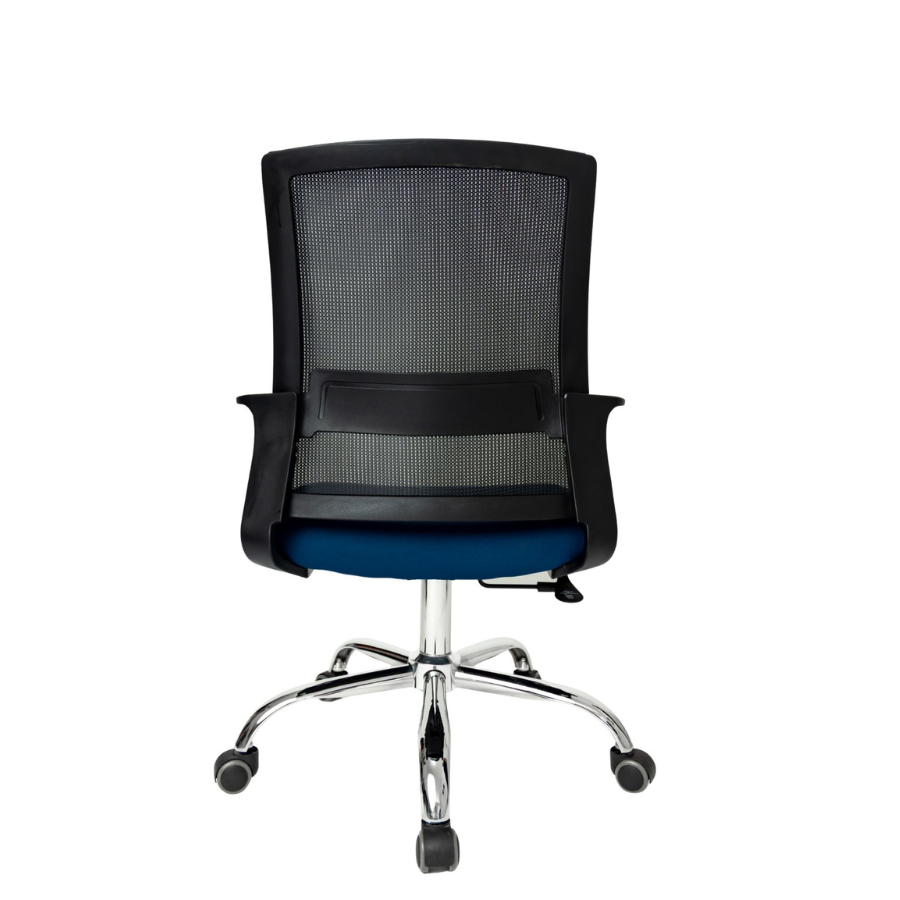 Silla Operativa Zen OffiMobile, asiento azul, base cromada, vista posterior.