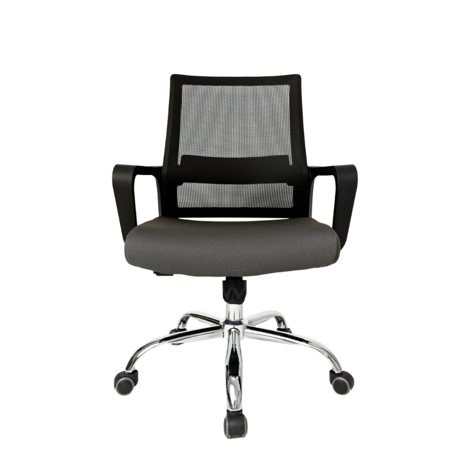Silla Operativa Zen OffiMobile, asiento gris, base cromada, vista frontal.