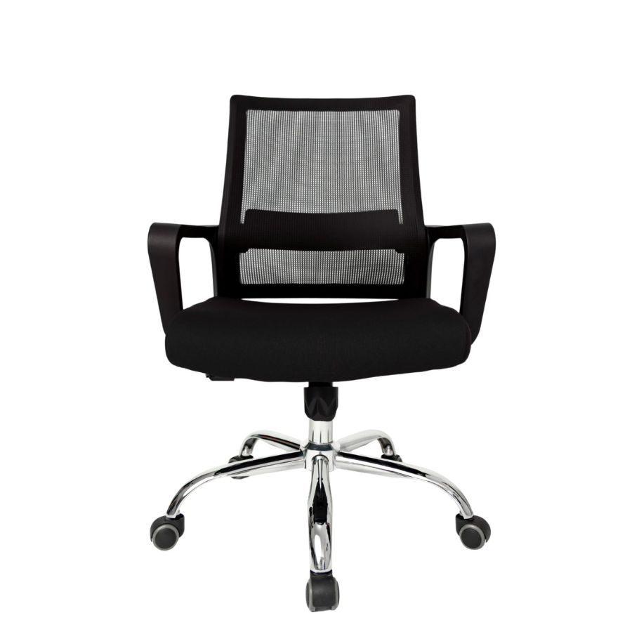 Silla Operativa Zen OffiMobile, asiento negro, base cromada, vista frontal.