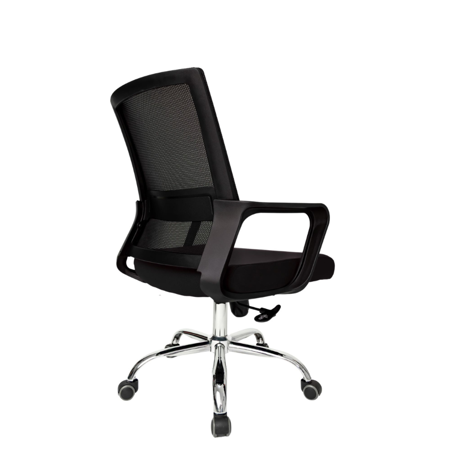 Silla Operativa Zen OffiMobile, asiento negro, base cromada, vista posterior oblicua.
